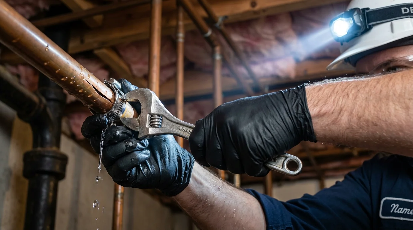 Emergency pipe clamp repair being performed by a Johns Plumbing LLC plumber in Olton
