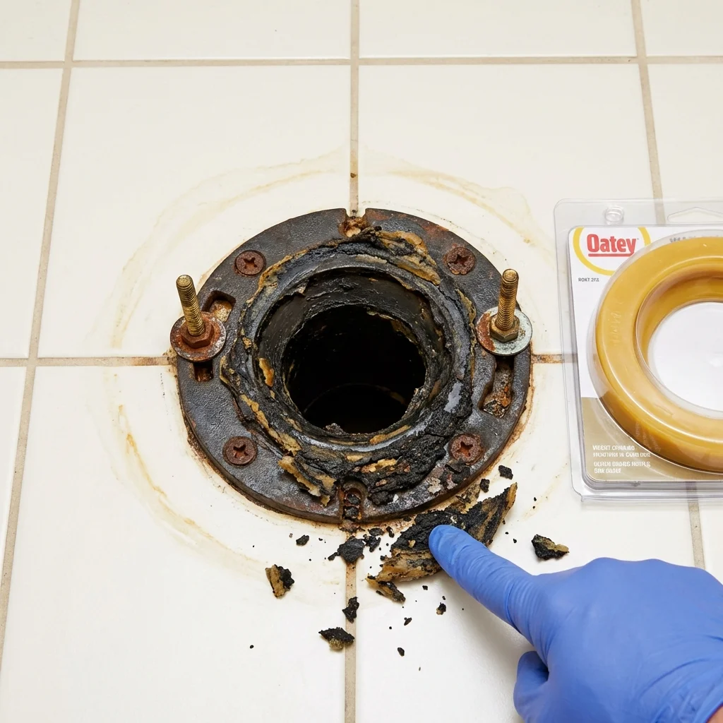 Failed wax ring showing water seepage at the base of a toilet in a Olton, TX home
