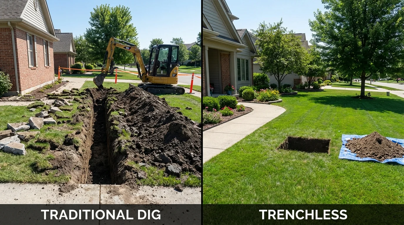 Trenchless sewer repair with minimal yard damage versus traditional excavation in Olton, TX