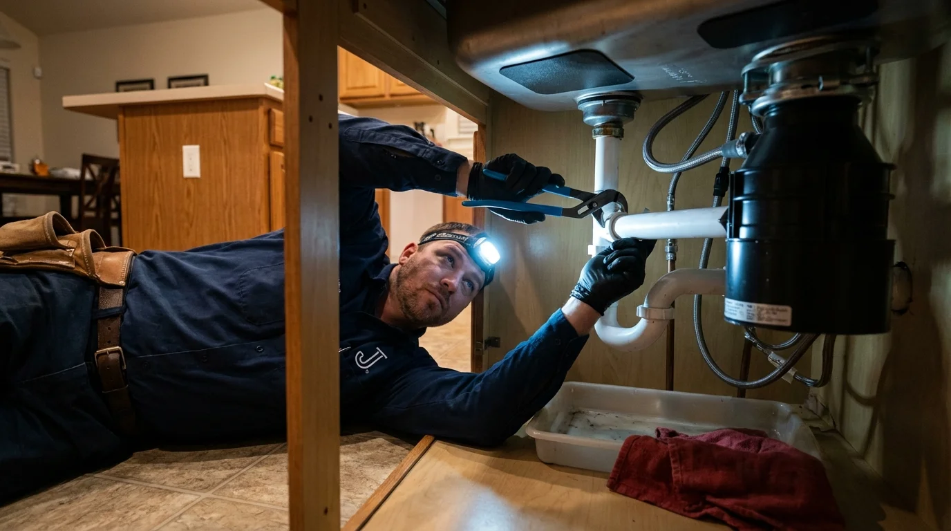 P-trap and supply line connections under a kitchen sink showing a common leak point in Olton, TX